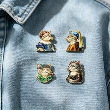 1pc Famous Painting Cat Enamel Pin, Mona Lisa Girl With A Pearl Earring Renaissance Kitten Gold Trim Lapel Pin, Metal Pin For Jackets Bags, Art Cat - Multicolor - View 6