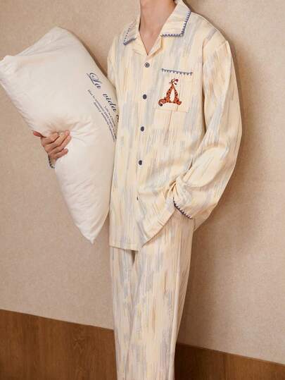 Gongdie 2pcs Disney Tigger Couple Men's Pajama Set, Spring/Autumn Soft Cotton Loungewear, Blue Jagged Edge Gradient Brushed Stripe Print