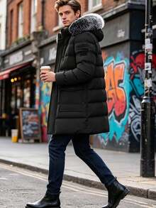 Men's Black Winter Casual Date Long Sleeve Pocket Design Hooded Parka With Fur Collar,Oversized Plus Size Warm Outerwear Jacket Coat Clothes - Black - View 4