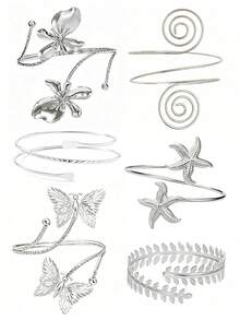 6pcs Set Designer Floral Armbands, Adjustable Butterfly Starfish Leaf Versatile Arm Bracelets, Minimalist Personalized, Suitable For Vacation And Party - 6PC-1 - View 1