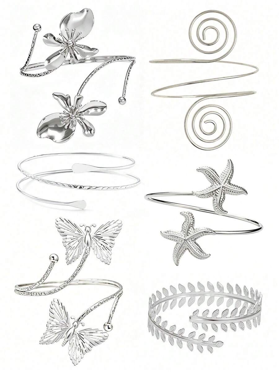6pcs Set Designer Floral Armbands, Adjustable Butterfly Starfish Leaf Versatile Arm Bracelets, Minimalist Personalized, Suitable For Vacation And Party - 6PC-1 - View 1