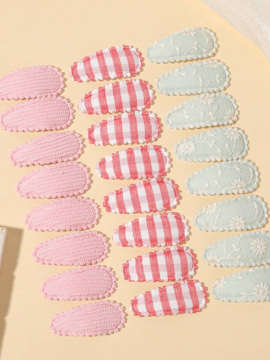 10pcs Striped Solid Color Embroidered Floral Fabric Water Drop Hair Clips, Cute Princess Style Head Accessories For Daily Wear And Photos - Mixed color - View 1