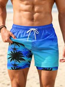 Men's Sunset Coconut Tree Pattern Gradient Print Beach Shorts, Men's Double Layer Shorts, Men's Vacation Style Beach Pants - Multicolor - View 1