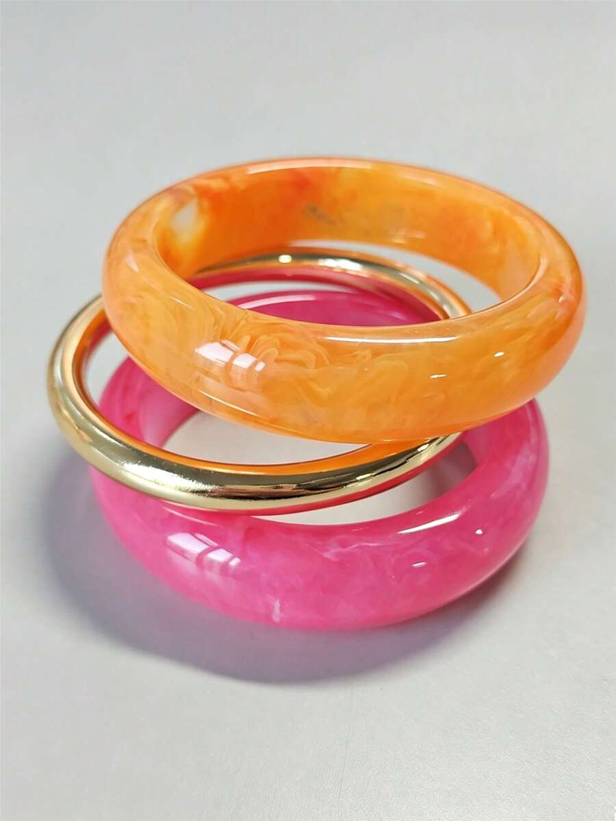 Juego de 3 piezas/Set de pulseras apilables en rosa, naranja y dorado, brazaletes redondos minimalistas encantadores y de moda - Multicolor - Ver 1