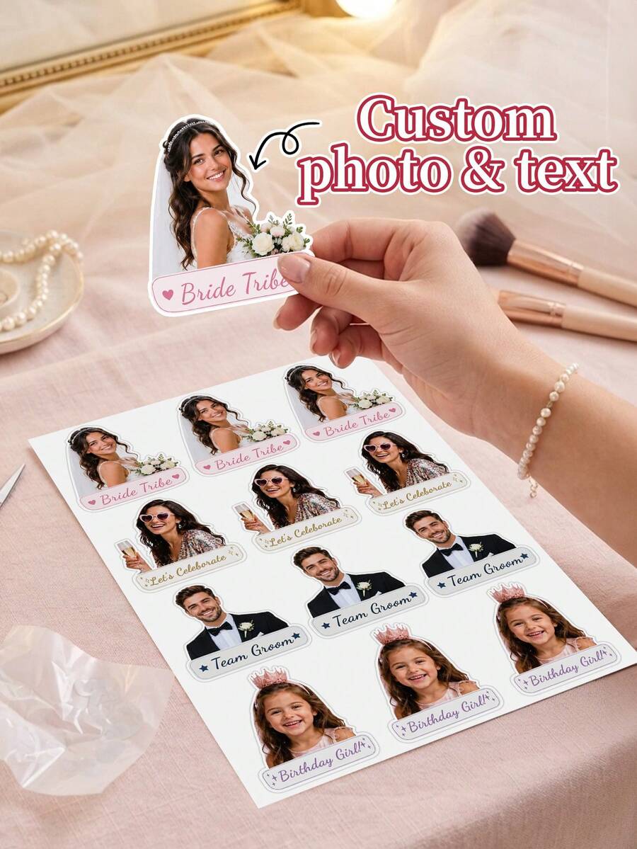 Custom Photo & Text Portrait Stickers,Bride Tribe Team Groom Sticker,Birthday/Bachelor Party Favor,Wedding Party Supplies,Party Bag Decor Stickers - Multicolor - View 1