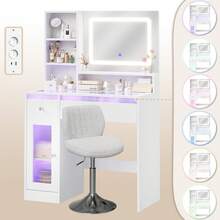 Devoko tocador con espejo LED, iluminación RGB y modo música, tocador con superficie de cristal, cajones, estante abierto, regleta de enchufes, USB/Tipo C y función de temporizador, blanco - Ver 7
