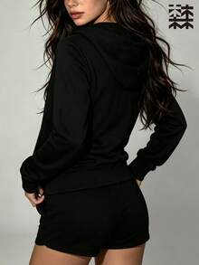 mulinsen Women's Slim Fit Zip-Up Sweatshirt, Drawstring Long Sleeve Casual Sports Jacket - Black - View 6