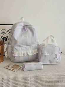 Korean Ins Style Floral Lace Backpack Set, Fresh Student School Bag Combination, Cute Casual 3-Piece Daily Backpack Set - Multicolor - View 21