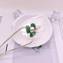 1pc Floral Print Bohemian Zinc Alloy Rhinestone Green Leaf U-Shaped Hair Pin, High-End New Chinese Style Metal Hair Stick, Vintage Fresh Hair Accessory For Updo, Suitable For All Seasons, Headband Hair Ornament - Multicolor - View 6