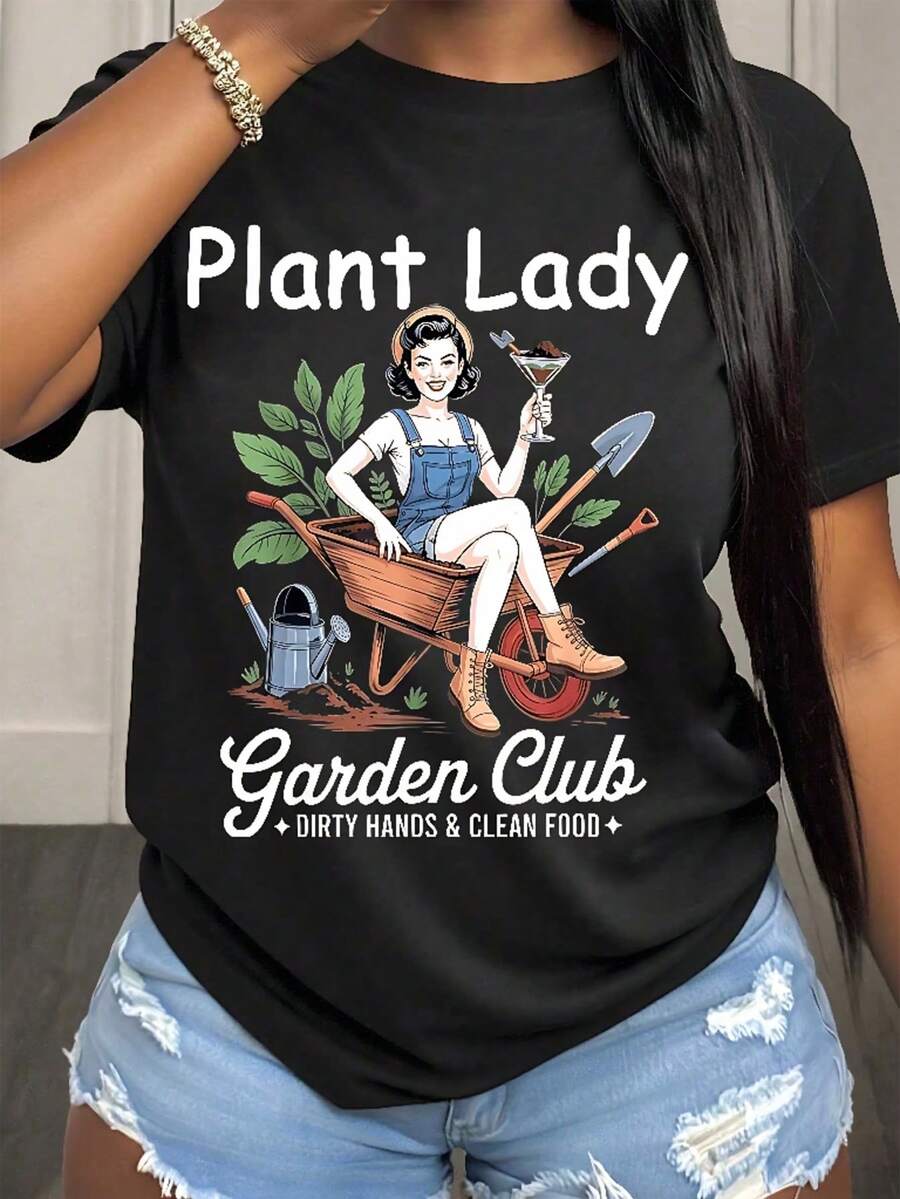 Women Round Neck T Shirt Garden Club Vintage Pin Up Girl With Wheelbarrow And Tools Print Short Sleeve For Gardening And Casual Wear - 黑色 - 查看 1