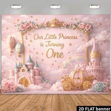 2d Plane Pink Carriage Theme Fairy Tale Background Cloth, With Golden Words "Our Little Is Turning One" In The Center Of The Picture, Pink Castle And Carriage Fairy Tale Design, Which Is Very Suitable For Birthday Banner Background. - 1 - View 1