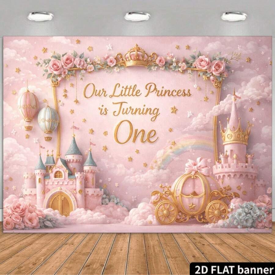 2d Plane Pink Carriage Theme Fairy Tale Background Cloth, With Golden Words "Our Little Is Turning One" In The Center Of The Picture, Pink Castle And Carriage Fairy Tale Design, Which Is Very Suitable For Birthday Banner Background. - 1 - View 1