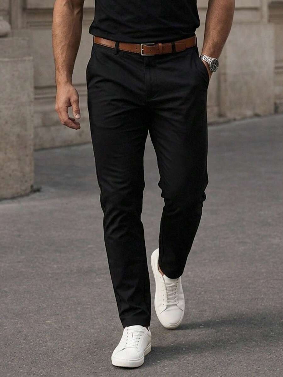 DAZY Summer Lightweight Cargo Pants, Men's Solid Color Commuter Casual Straight Leg Long Pants, Belt Not Included - Black - View 1