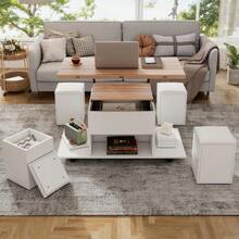 Height-Adjustable Coffee Table, 3-In-1 Multifunctional Table, Living Room Table With Storage, Convertible To Living Room Dining Table, Work Table With Wheels And 4 Stools, 100x50x48 Cm, White + Wood Tone - 自然色 - 查看 6