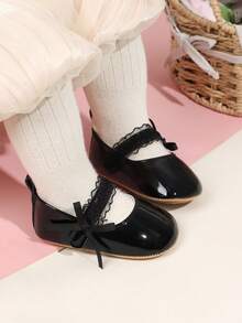 1 Pair Girls Solid Color Bow PU Hook & Loop Design Soft Sole Non-Slip 0-18 Months Infant Shoes Elegant Princess Style Shoes Suitable For Spring & Autumn - Black - View 7