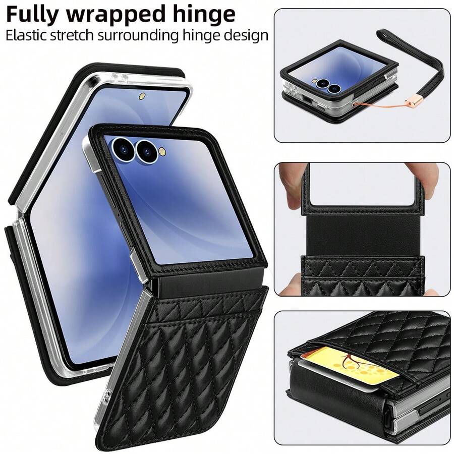 VIETAO 人造皮革手機殼,附手腕掛繩與卡槽,適用於 Galaxy Z Flip 8 7 6 5 4 Flip8 保護殼 - 黑色 - 查看 1