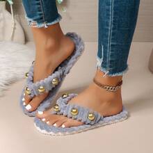 Autumn/Winter Warm Plush Toe-Split Slippers With Rivet Decor, Flip-Flops, Soft Sole, Indoor/Outdoor Dual-Use For Women - Grey - View 5
