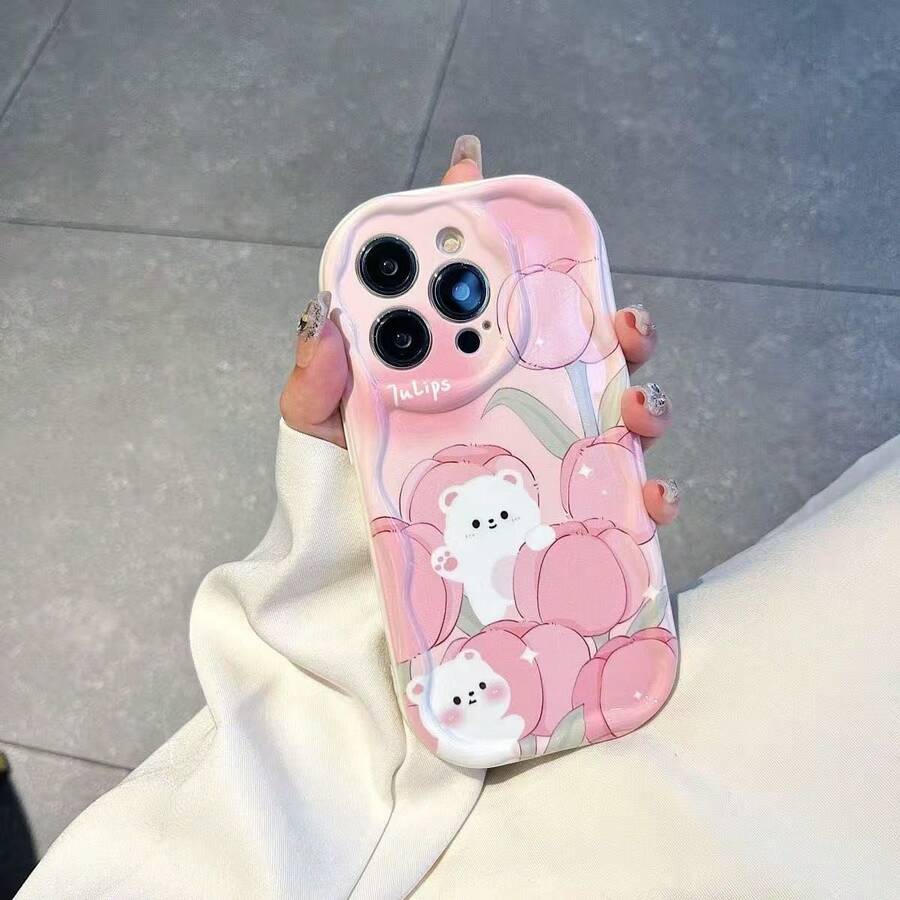 Casing Ponsel Lembut Motif Beruang Tulip Krem, Kompatibel dengan Apple 11/17 Pro Max/16/15/14/13, Dilengkapi Tali Pergelangan Tangan, Tahan Guncangan - MultiWarna - View 1