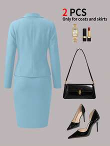 Women's Spring/Autumn Elegant Commute 2 Pieces Set, Short Waist-Cinching Vintage British Style Faux Pocket Button Detail Blazer - Sky Blue - View 4