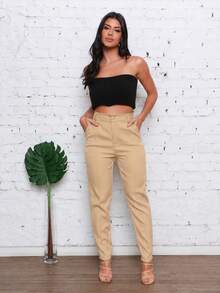 EMILI FASHION/Women's Clothing/ Pants/ Tailored/ With Pockets/ With Button And Zipper/ Pleated. - 杏色 - 查看 2