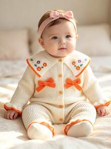 Infant Knitted Romper, Baby Girl Handmade Embroidered Floral Collar Romper, Bow Long Sleeve Ruffle Cuff Crawl Suit - Beige - View 2