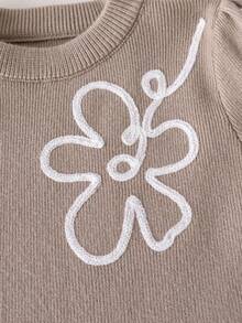 2pcs/Set 1pc Girls Cute Embroidered Flower Knit Pullover Sweater And 1pc Solid Color Knit Pants Set, Suitable For Daily Casual Wear In Spring, Autumn And Winter - Apricot - View 4