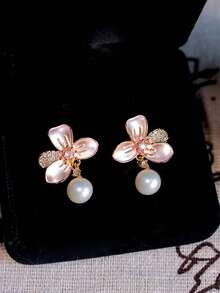 1 Pair French Elegant Cubic Zirconia Flower Drop Earrings, Suitable For Women's Daily Wear And Dating - Yellow Gold - View 1