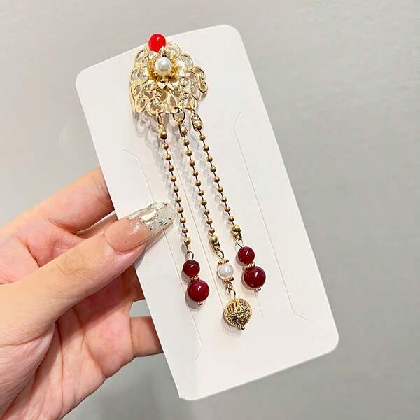 Vintage Chinese Style Red Bead Tassel Hair Clip, Hollow Gold Flower Pearl Hair Accessory, Hanfu Cosplay Side Bangs Hair Pin, Traditional Wedding Daily Wear Adult & Youth Headpiece
