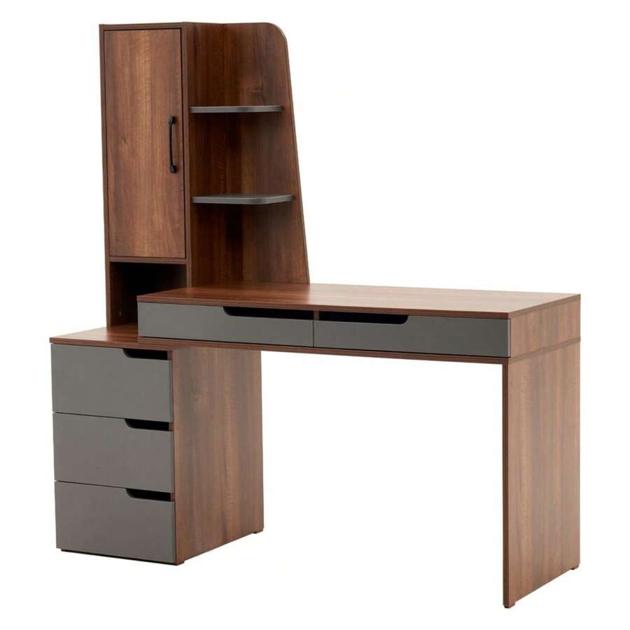 Computer Desk With Drawer, Office Wood Writing Study Table With Cabinet - Walnut Brown - View 1