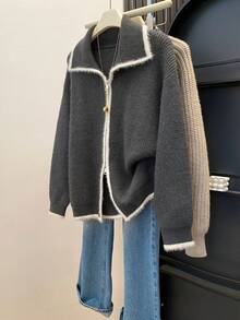 Women's Fuzzy Knit Zip-Up Cardigan, Wide Collar Contrast Trim Sweater Jacket, Suitable For Thanksgiving And Christmas Outfits - Grey - View 8