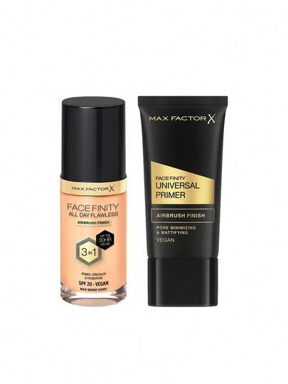 Max Factor [Bundle] Facefinity All Day Flawless 3 In 1 Vegan Foundation W44 Warm Ivory 30 Ml + Facefinity Universal Primer 30 Ml