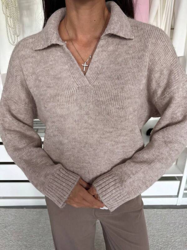 FOR BEAUTY Fall Winter Y2K Chic Taupe Collared V Neck Drop Shoulder Knit Sweater Loose Jumper Tops Women School Streetwear Outfits