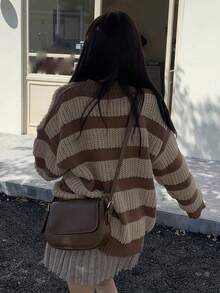 女款拼色休閒百搭日常長袖針織衫 - 咖啡棕 - 查看 5