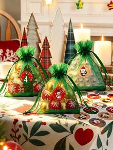 24pcs Christmas Drawstring Gift Bags With Sticker Green Organza Gift Wrapping Bags Mesh Bags 24 Days Christmas Advent Calendar Gift Bag For Winter Holiday Christmas Party Favor Christmas Gifts - Green - View 1