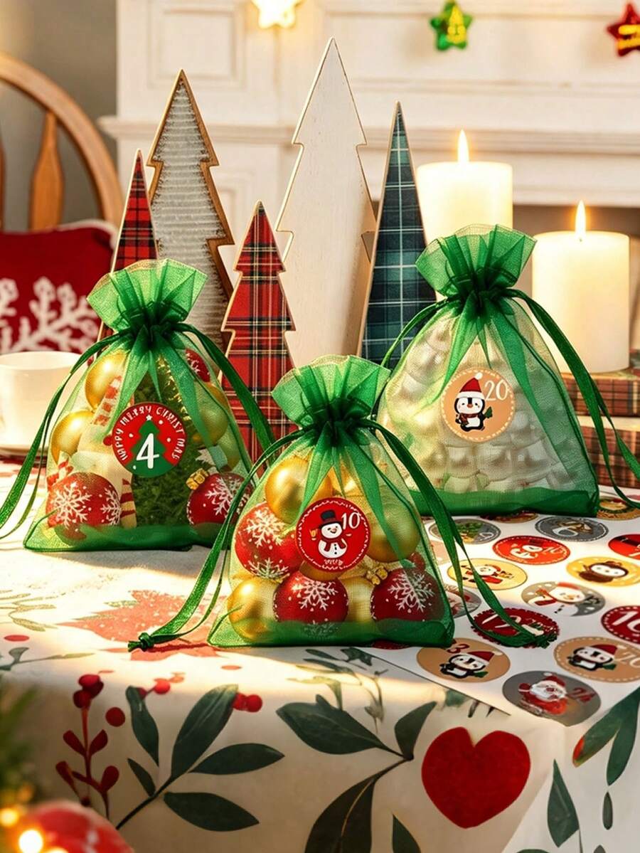 24pcs Christmas Drawstring Gift Bags With Sticker Green Organza Gift Wrapping Bags Mesh Bags 24 Days Christmas Advent Calendar Gift Bag For Winter Holiday Christmas Party Favor Christmas Gifts - Green - View 1