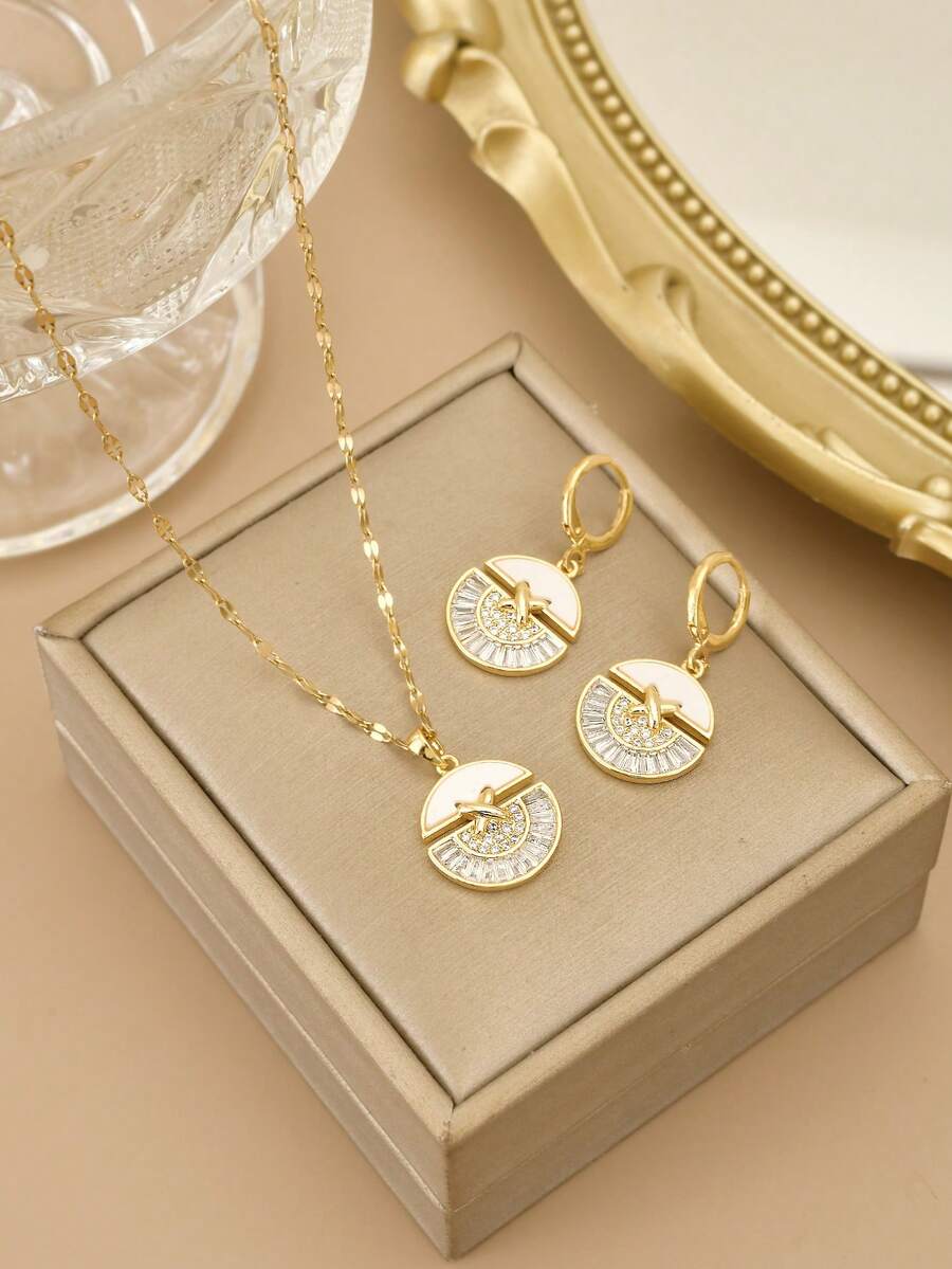 1pc Fashion Luxury Circular Patchwork Design Stainless Steel Women's Necklace, 1 Pair Fashion Luxury Circular Patchwork Design Stainless Steel Women's Earrings, Gold Necklace, Gold Earrings, Stainless Steel Jewelry, Gold Jewelry, Summer, Beach, Vacation Jewelry, Bohemian, Charm, Pride, Western Jewelry, Gift For Women, Gift, Birthday Gift - Yellow Gold - View 1