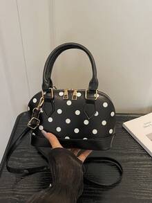 White Polka Dot Mini Shell Handbag, Contrast Color Base, Top Handle, Detachable Adjustable Crossbody Strap, Zipper Closure, Vintage Women's Daily Date Shoulder Bag - Black - View 4