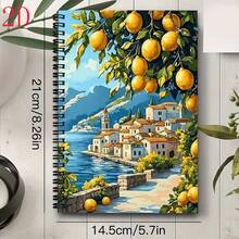 1pc 50-Page A5 Spiral Notebook, Light Beige Cover Decorated With Yellow Lemon And Green Leaf Pattern, Accented With Small Brown Dots, White Rectangular Frame With Green Border And "NOTES" Text In The Center, Black Spiral Binding Design, Lined Pages, Suitable For Journaling - Lemon - View 8