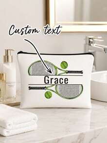 1pc Customized Personalized Tennis Racket Pattern Design Makeup Bag - Customized Name Cosmetic Bag, Neutral Zipper Toiletry Bag - Multicolor - View 4