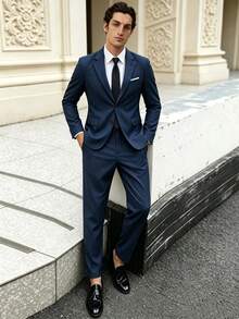 WindsorQuad 男士两件套西装，优雅单排扣修身正式西装外套和裤子，商务、婚礼、派对场合适用 - 藏蓝色 - 查看 11