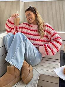 Sweater Pullover Kasual Wanita Warna Pink untuk Musim Gugur/Dingin, Atasan Lengan Panjang Bahu Longgar Rajut Bergaris Warna Blok, Set Pakaian Kembali ke Sekolah Musim Gugur - MultiWarna - View 1