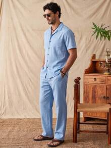 glestore Men's Retro-Style Casual Solid-Color Short-Sleeve Top And Pants Set-Casual, Comfortable, Stylish, And Versatile; Perfect For Spring, Summer, And Fall - Baby Blue - View 3