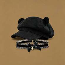 2pcs Women's Cute Bear Ear Newsboy Cap + Black Lace Bow Bell Choker Set, Vintage Style Hat & Necklace Accessory Kit, Suitable For Party, Halloween, Daily Wear - Multicolor - View 3