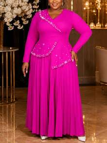 AOMEI Elegant Luxury Plus Size Women Fuchsia Church Fall/Winter Long Dress V-Neck Irregular Ruffle,Beaded Rhinestone Pleated Formal Evening Gown - Hot Pink - View 9