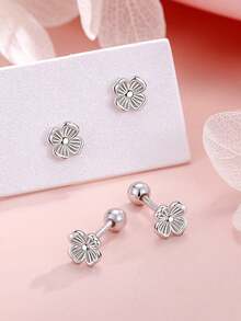 1pc S925 Sterling Silver Flower Star Moon Engraved Stud Earring, Small Fashionable Unique Versatile Nose Jewelry - Single - View 6