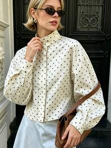 Women's Polka Dot High-Neck Long-Sleeve Shirt Jacket, Featuring Hidden Button Details, And A Minimalist Silhouette White - White - View 7