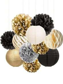 11pcs/33pcs Black & Gold Pom Pom Lantern Party Decorations - Black Gold - View 6