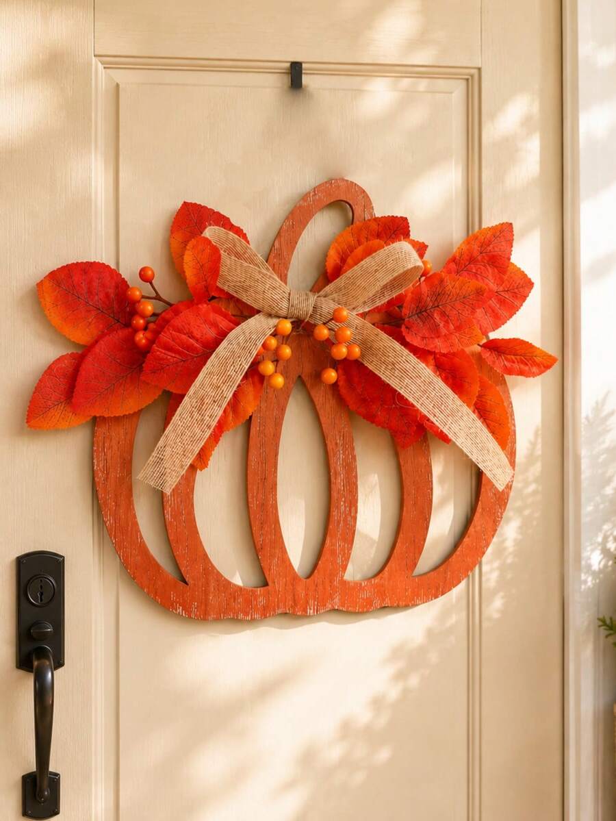 1PC Autumn Pumpkin Door Hanging Decor, Thanksgiving Front Door Wreath, Pumpkin Door Sign, Paired With Artificial Maple Leaves, Berries And Burlap Bow, American Farmhouse Style Porch, Wall, Window, Entryway Hanging Decoration, Suitable For Harvest Festival, Seasonal Home Party Decor