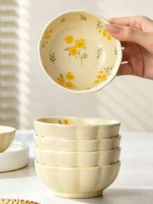 3.9 Inch Floral Print Ceramic Dip Bowl, Cute Flower Sauce Dish, Small Yellow Floral Print Bowl, Suitable For Condiments, Snacks, Desserts, Perfect For Home Kitchen, Party And Restaurant Use. - Multicolor - View 3