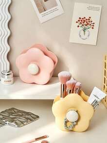 1pc Cute Cartoon Floral Wall Mounted Plastic Storage Box, Multifunctional Holder For Makeup Brushes, Combs And Toothbrushes, Pastel Color Household Organizer For Bathroom Vanity Desktop, All Season Indoor Daily Use With Drainage Hole Design - Multicolor - View 4